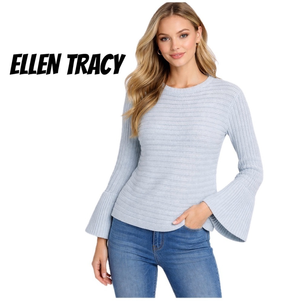 Ellen Tracy baby blue knit sweater with bell sleeves size medium